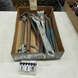 Assortment inc. Crescent Wrenches, Pipe Wrench, and Wrecking Bar