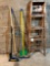 Assortment Step Ladders, Brooms, and Gardening Tools