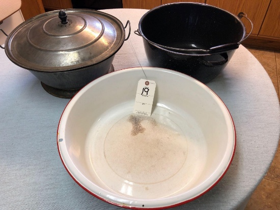 Assortment Red Rim Enamel Bowl, Covered Yeast Pan, and Enamel Dutch Oven
