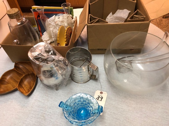 Assortment Flour Sifter, Water Pitchers, and Punch Bowl