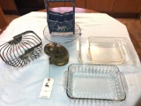 Assortment Glass Cake Cookware and Metal Items incl. Brass Cat