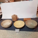 3 Crock Bowls, Crock Cookie w/Lid, and Arthur Cheese Company Wood Box