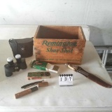 Remington Wood Ammo Box, Binoculars and Ammo