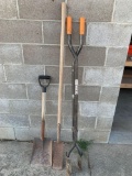 Scissors style post hole cleaner, flat shovel, narrow long handled spade. No shipping