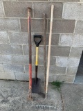 Rake, hoe, spade, long handled cement/stake remover. No shipping