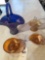 Carnival-glass Leaf Rays design Peach opalescent handled dish, Cobalt blue glass basket vase, small