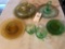 Handled green depression gold-rimmed dish, various green depression cups and saucers, and Patrician