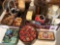 Various wicker baskets, tins, vases, and 1-quart milk jar