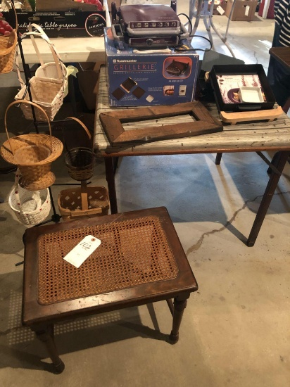 Electric grill, wicker-top vanity seat, pedestal hanger w/variety of baskets, & card table