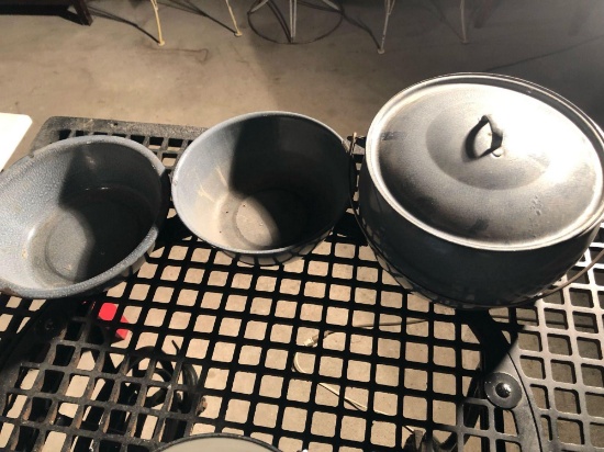 Lidded/handled enamel pot, plus (2) gray enamel wash basins.
