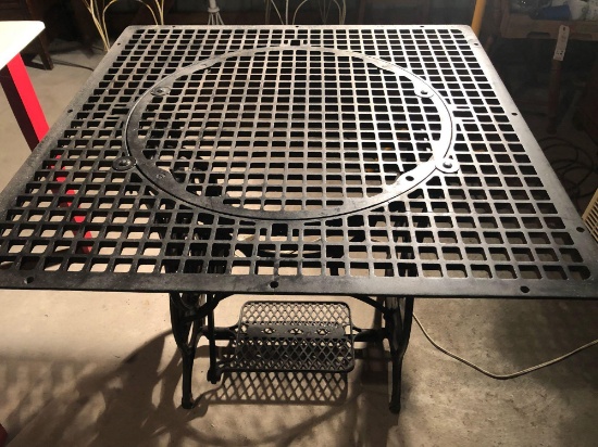 34'' square cast iron grate, mounted on cast iron treadle sewing machine base ~ Unique! No Shipping.