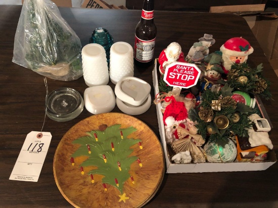 Various Christmas items, glass insulator, Hobnail pieces, and more.
