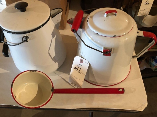 (2) Black & red-handled coffee pots w/enamel dipper.