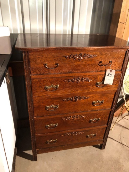 Beautiful 33'' W x 18'' D x 45'' H solid wood antique 5-drawer chest w/fancy scroll-work on doors
