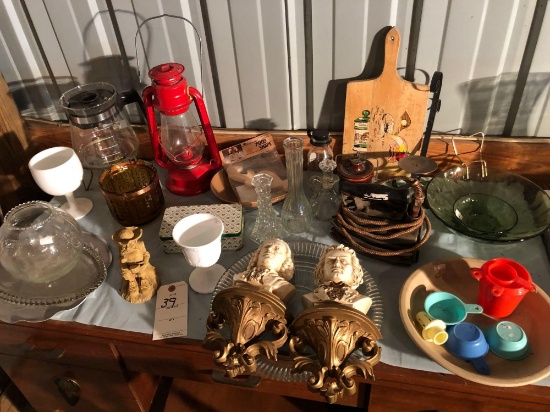 Painted Junior Dietz #20 gas lantern, old electric iron, glass bowls, bud vases, and more!