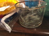 Decorative etched-glass bowl, rooster & hen, various tins, baskets, wood boxes, & more.