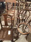 Old wood chairs ~ (1) w/good wicker seat, (3) w/seats missing, for a total of 4 chairs. No Shipping!