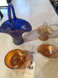 Carnival-glass Leaf Rays design Peach opalescent handled dish, Cobalt blue glass basket vase, small