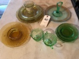 Handled green depression gold-rimmed dish, various green depression cups and saucers, and Patrician