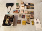 Handled beaded purse, many advertising matches and key chains.