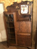 Beautiful tiger-oak design secretary/side curio w/extra scroll design and beveled mirror, 36'' W