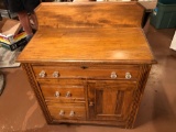 Solid-wood commode w/backsplash, 29'' W x 15.5'' D x 34'' H, w/glass pull knobs, except 1. Nice