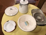 Enamel coffee pot, other black & red trimmed enamel wash basins, and more!