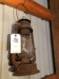 Metal #2 cold-blast gas lantern, V&O glass chimney, metal back & handle