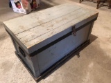 Solid wood, lidded carpenters box w/removable drawer and cast iron handles at each end. Very vintage