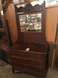 38'' W x 18'' D x 72'' H 3-drawer dresser w/beveled-edge mirror & scroll work ~ Nice condition. No