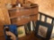 Wood 3-shelf unit (48'' W x 12'' D x 48'' H) w/lg. picture frame, octagon mirror, wood baskets, and