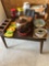 30'' Square end table, jello mold, gingerbread people pan, jars, tins, chalkware, various maps, and
