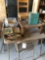 Folding card-table w/(4) chairs, woven foot-stool, wood child's chair, various cookbooks, dishes,