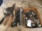Hand livestock-sprayer, pruner/saws, box of old casters/wheels, and more!