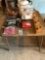 Card table, lg. black-trimmed enamel coffee pot, meat grinder, halogen light, smoke alarm, and light