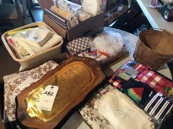 (8) Miniature white feed sacks, tablecloths, many sewing items, handled basket, and more!