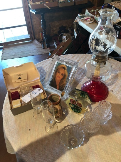 Gas lantern, glass dishes, stemware, candles, and more!