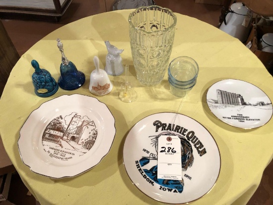 Clear glass thumbprint vase, varied bells, custard dishes, memorabilia plates, and more!