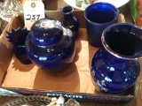 Cobalt blue items ~ drinking glass, vase, lidded container, and other items