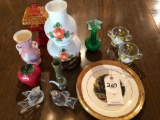 Lidded Carnival candy dish, glass cream/sugars set, electric lantern, other jelly jars and vases.