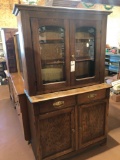 Vintage solid wood cabinet w/(2) top glass doors, bottom drawers and doors (4' W x 17'' D x 69'' H)