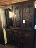 Lighted wood china cupboard w/glass shelves, (3) top glass doors, & bottom storage (51'' W x 19'' D