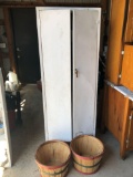Metal cabinet (24'' W x 11'' D x 63'' H), (2) baskets, various coffee cups, glasses, jello mold, and
