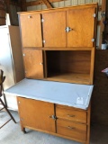 Antique wood cupboard w/enamel pull-out bench (40'' W x 22'' D x 69'' H) ~ Nice Condition. No
