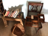 Wicker magazine basket, harp-back cloth-seat chair, wood bench, wall shelves, book rack w/books, and