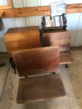 (3) Vintage school desks/benches, and various books/book rack.