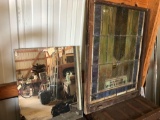 Wood-framed stained-glass window (36'' x 45'') w/leaded panes (1 broken), plus large wall mirror. No