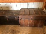 (2) Antique flat-top trunks - metal trunk is 33'' W x 17'' D x 20'' H, and wood trunk is 34'' W x