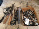 Hand livestock-sprayer, pruner/saws, box of old casters/wheels, and more!