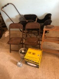 Nice antique baby-buggy, (2) childs folding metal chairs, wood 2-step ladder, sad iron, and (2)